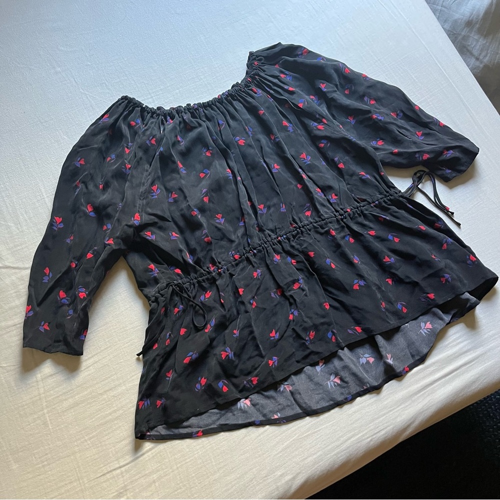 Caron Callahan black floral print cutout short puff sleeve blouse